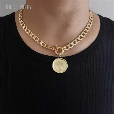 10pcs Waterproof Stainless Steel Box Chain Jewelry Lucky Six Pence U.K Elizabeth Coin Gold Color Women Medallion Necklace Tiki