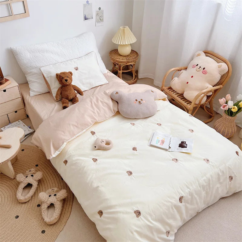 3PCS Baby Boys Bedding Set Bear Embroidered Cot Crib Bedding Set Cotton Korean Baby Bedding Duvet Cover+ Sheet+Pillowcase
