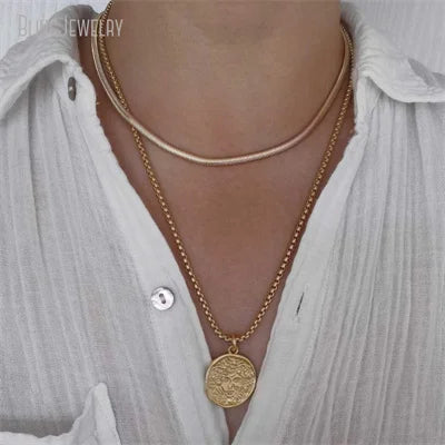10pcs Waterproof Stainless Steel Box Chain Jewelry Lucky Six Pence U.K Elizabeth Coin Gold Color Women Medallion Necklace Tiki