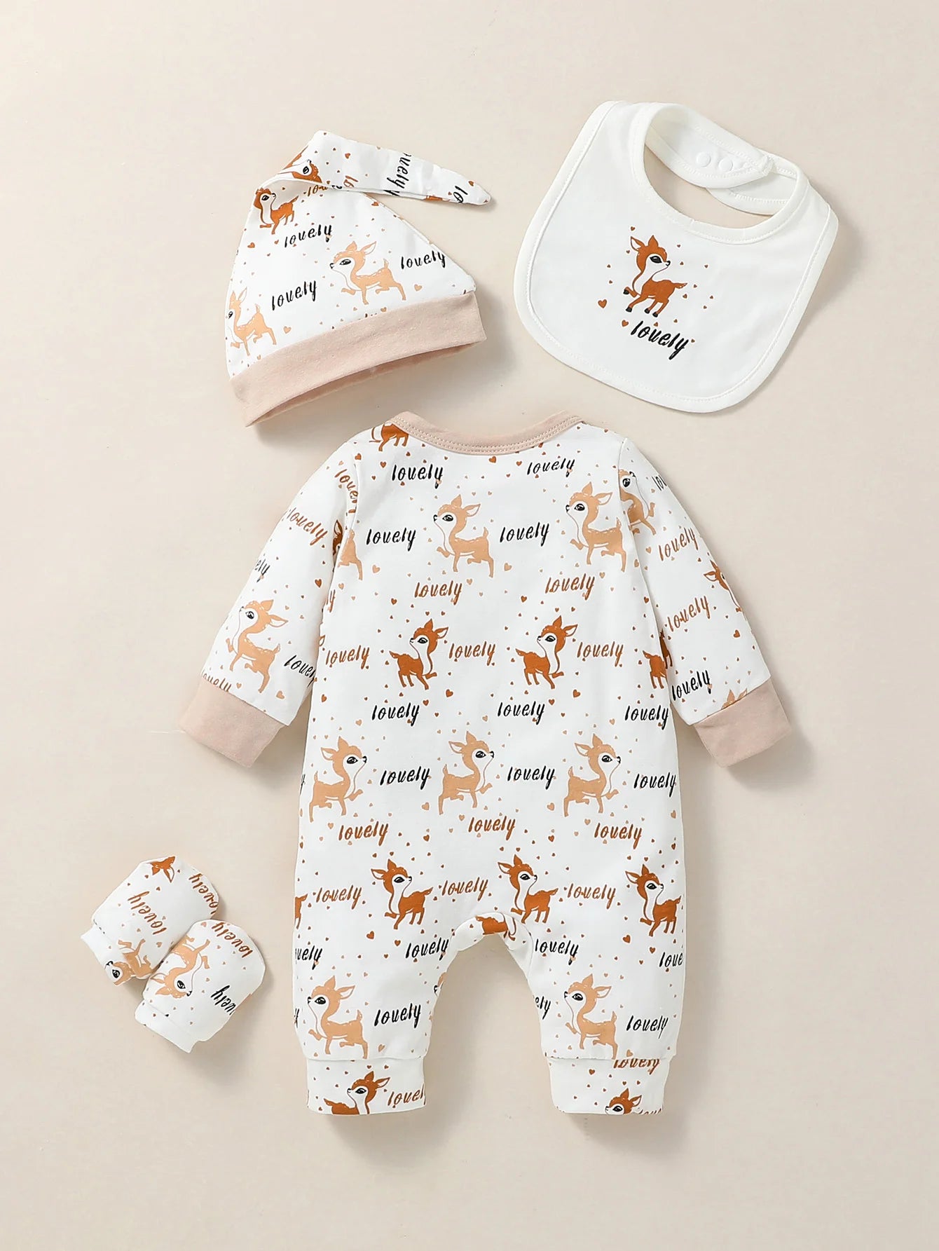 4PCS Baby unisex Long Sleeve Round Neck Animal Print With Button Casual Jumpsuit +Bib+Hat+Gloves