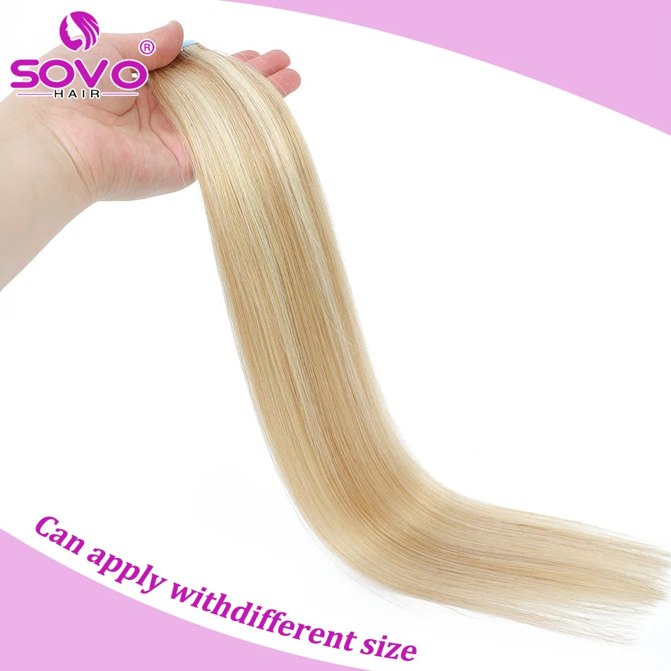 SOVO Tape in Hair Extensions 100% Remy Human Hair 20 Inch 20pcs 50G Balayage Skin Weft Tape in Extensions 12-26 inch