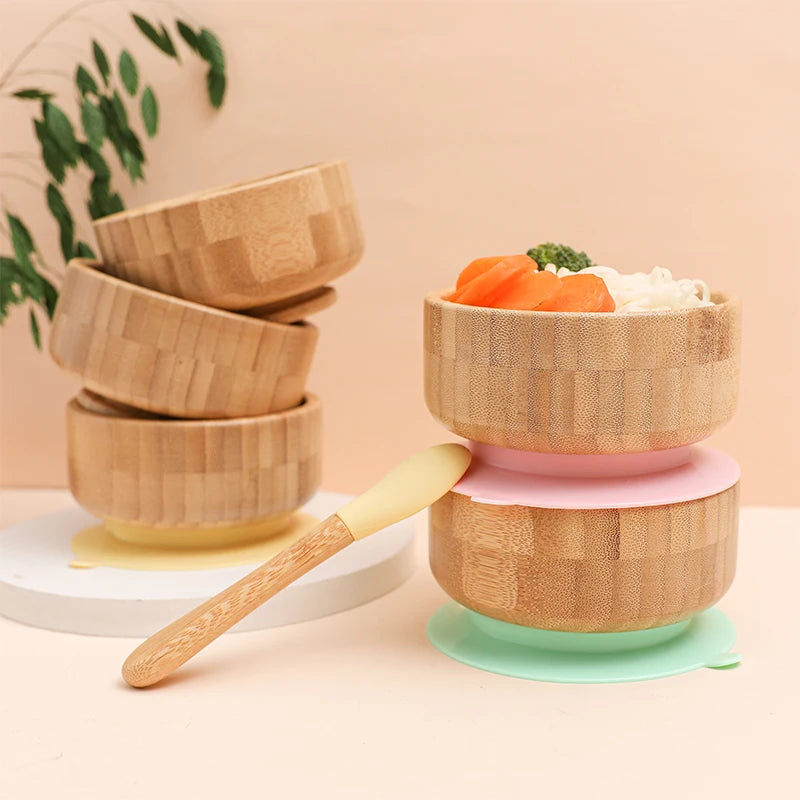Baby Feeding Bowl Food Tableware Kids Wooden Training Plate Silicone Suction Cup Removable Wooden Fork Spoon Children's Dishes