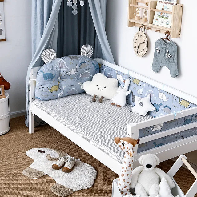 4Pcs Baby Bedding Set Cotton Cartoon Bear Head Crib Bed Protector Bumper Newborns Sheet Child Bed Baby Washable Cot Bedding Set