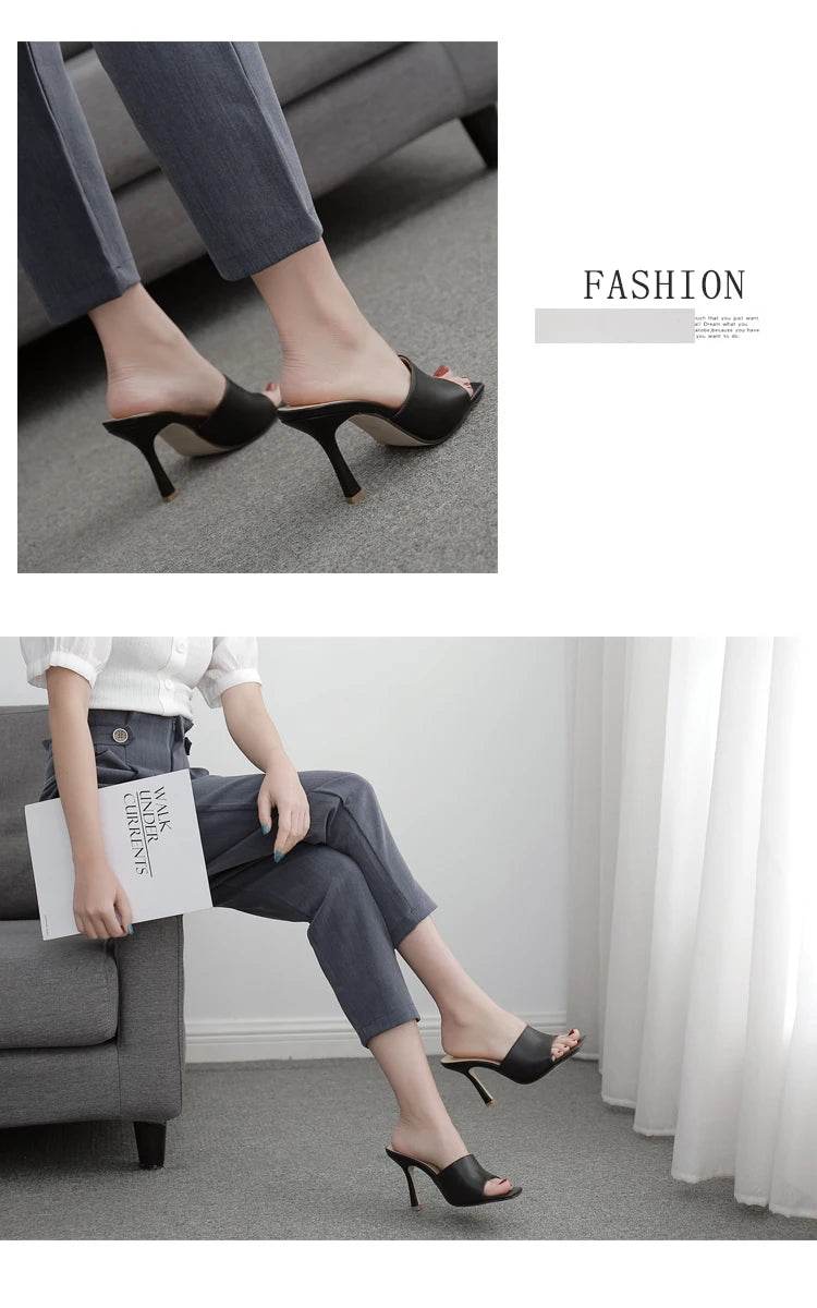 2025 New Summer Women Sandals Square Toe Ladies Heel Mules Sexy Thin High Heels Sandals Slippers Female Fashion Woman Shoes - AIAZ