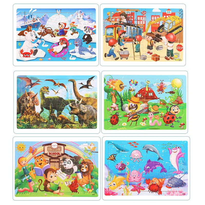 30Pieces Montessori Baby Toys Wooden 3d Puzzle Cartoon Animal Vehicle Cognition Wood Puzzle Learning Educational Toys for Kids