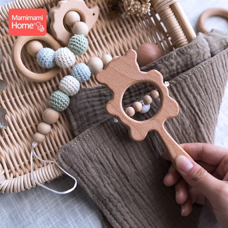 1 Set Baby Wooden Teether Crochet Beads Pacifier Chain Clip Wood Elephant Teething Bracelet Music Rattle Montessori Baby Product