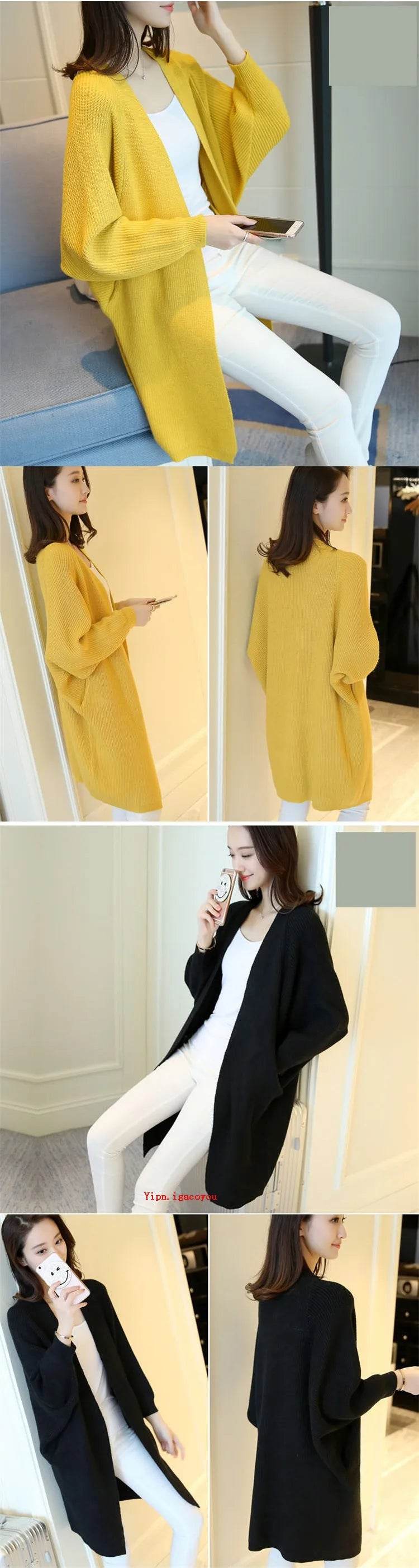 2023 Long Cardigan Women Sweater Autumn Winter Bat Sleeve Knitted Sweater Femme Jacket Loose Ladies Sweaters Cardigans New - AIAZ