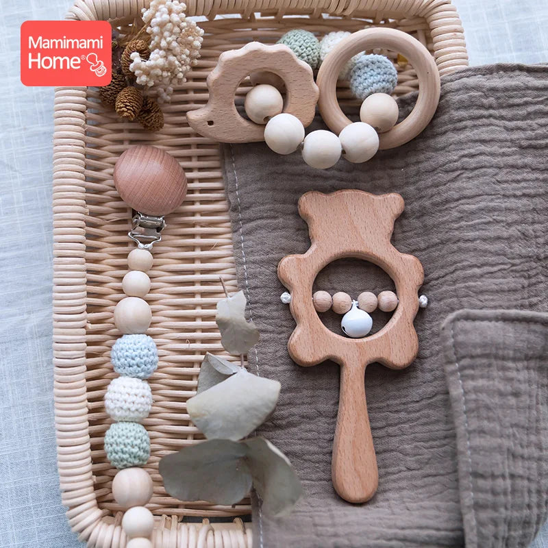 1 Set Baby Wooden Teether Crochet Beads Pacifier Chain Clip Wood Elephant Teething Bracelet Music Rattle Montessori Baby Product