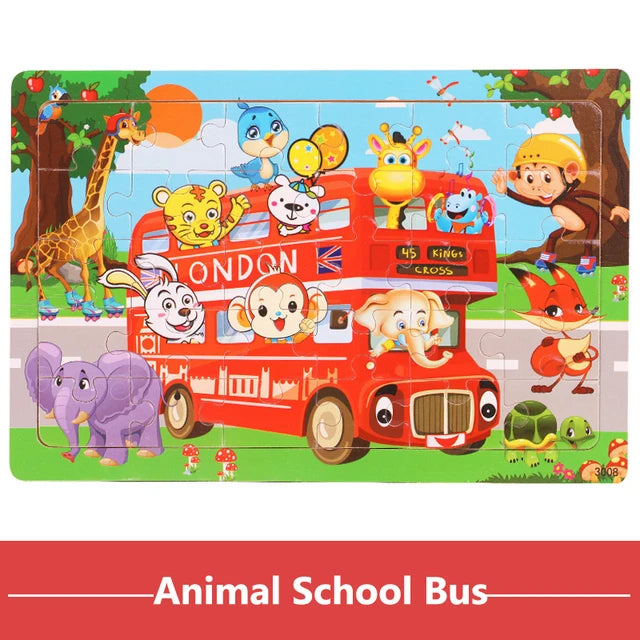 30Pieces Montessori Baby Toys Wooden 3d Puzzle Cartoon Animal Vehicle Cognition Wood Puzzle Learning Educational Toys for Kids