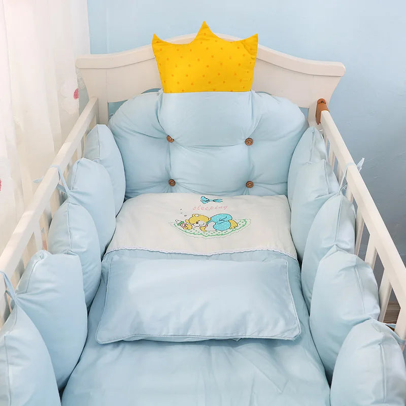 100% Cotton Crib Bed Linen Kit,Crown Design Baby Crib Bedding Set,Baby Bedding Set Includes Bumpers+Pillow+Quilt+Mattress cover