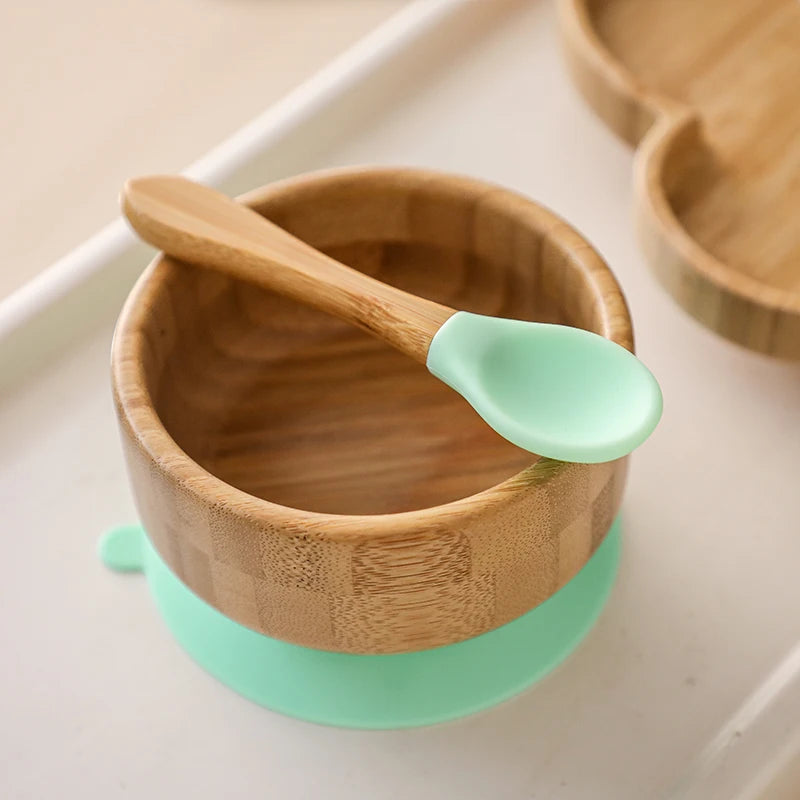 Baby Feeding Bowl Food Tableware Kids Wooden Training Plate Silicone Suction Cup Removable Wooden Fork Spoon Children's Dishes