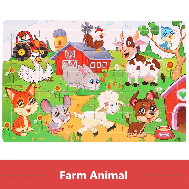 30Pieces Montessori Baby Toys Wooden 3d Puzzle Cartoon Animal Vehicle Cognition Wood Puzzle Learning Educational Toys for Kids