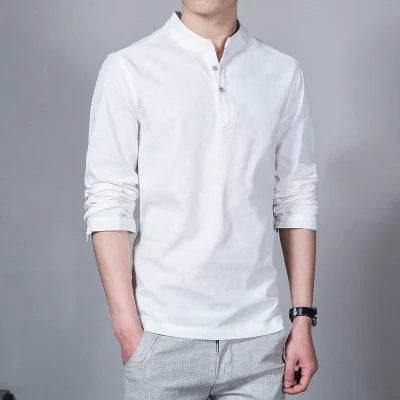 Men's Clothing Men Spring Tops & Tees Male Fashion T-Shirts Stand Collar Long-sleeved Slim Base Shirt Homme Linen t-shirt - AIAZ