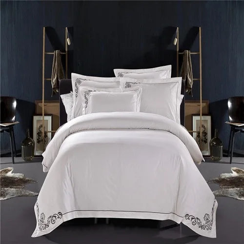 100% Cotton White Embroidered Bedding sets 4/6Pieces White Hotel Bedsheet set Duvet cover Pillow shams Double King Queen size