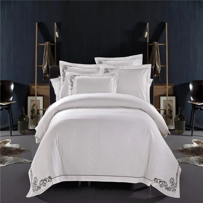 100% Cotton White Embroidered Bedding sets 4/6Pieces White Hotel Bedsheet set Duvet cover Pillow shams Double King Queen size