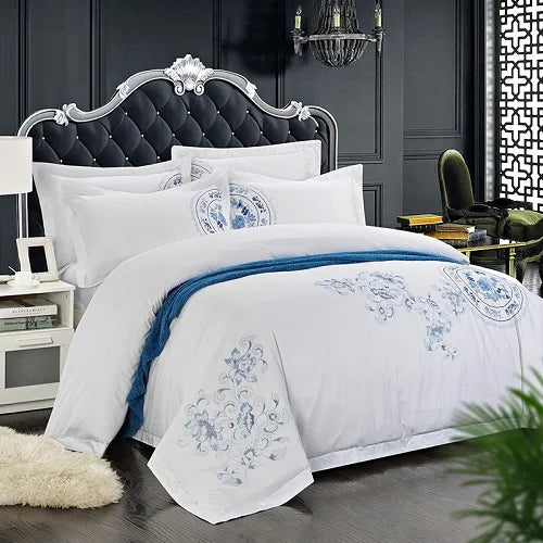 100% Cotton White Embroidered Bedding sets 4/6Pieces White Hotel Bedsheet set Duvet cover Pillow shams Double King Queen size