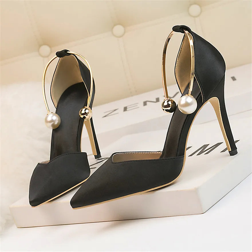 2025 New Elegant Pearl Metal Buckle High Heels Women Sandals Korean Fashion Soft Silk Pointed Ladies Shoes Party Sandals Shallow