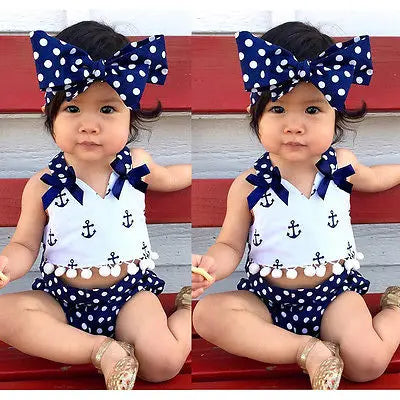 Citgeett Summer 3Pcs/set Infant Baby Girls Clothes Anchor Tops+Polka Dot Briefs+Head Band Outfits Set Sunsuit 0-24M