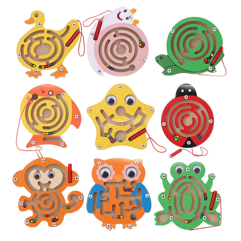 Kids Magnetic Maze Toy Mini Wooden Interactive Maze Pen Driving Beads Maze Puzzle Board Game Eduactional Toys for Toddlers Baby