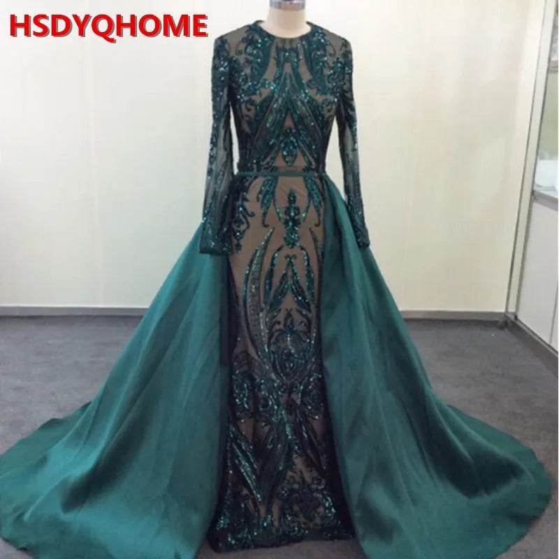 Muslim Long Sleeve Evening Dresses With Detachable Train Sequin Bling Moroccan Kaftan Green Formal Elegant Party Gown - AIAZ