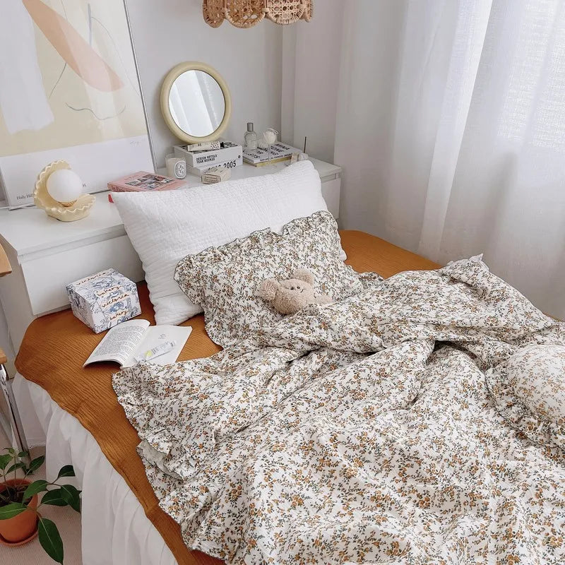 Korean Vintage Floral Printed Ruffled Cotton Baby Duvet Cover Kids Children Infant Cot Crib Duvet Covers Quilt Cover Bedding