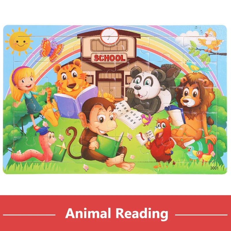 30Pieces Montessori Baby Toys Wooden 3d Puzzle Cartoon Animal Vehicle Cognition Wood Puzzle Learning Educational Toys for Kids