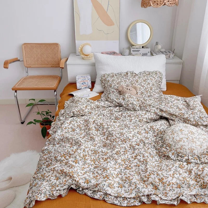 Korean Vintage Floral Printed Ruffled Cotton Baby Duvet Cover Kids Children Infant Cot Crib Duvet Covers Quilt Cover Bedding