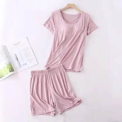 Modal cotton pyjama femme new pijamas women chest pad short sleeve pajamas set large size bra-cup loose shorts sleepwear set - AIAZ