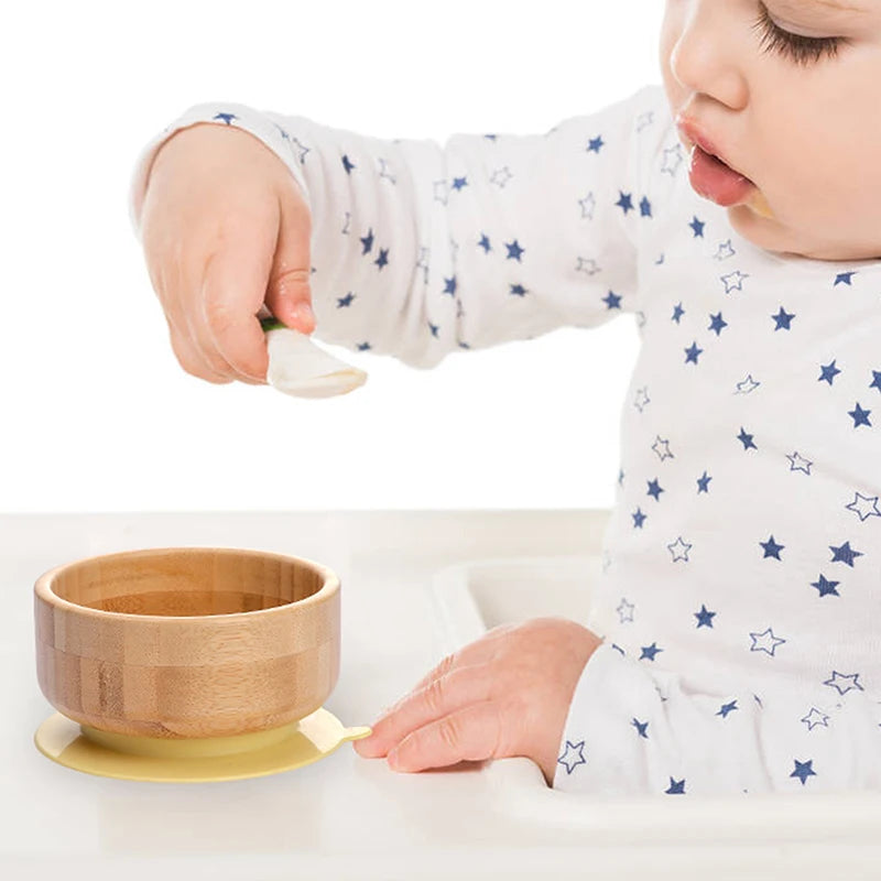 Baby Feeding Bowl Food Tableware Kids Wooden Training Plate Silicone Suction Cup Removable Wooden Fork Spoon Children's Dishes