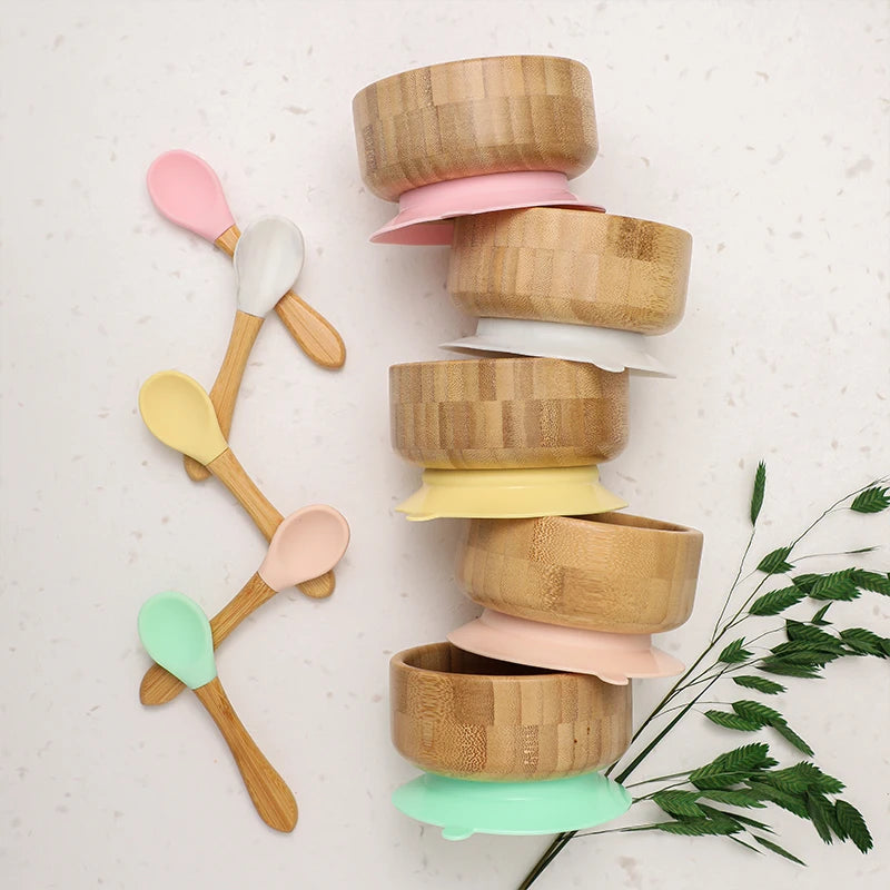 Baby Feeding Bowl Food Tableware Kids Wooden Training Plate Silicone Suction Cup Removable Wooden Fork Spoon Children's Dishes
