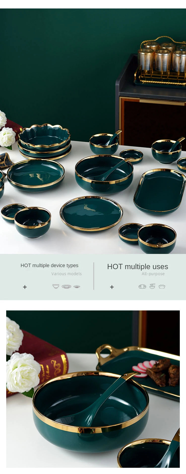 18 pcs Ceramic Tableware Set Nordic Green Phnom Penh Salad Plate Soup Rice Bowl Set Household Kitchen Supplies Dinnerware