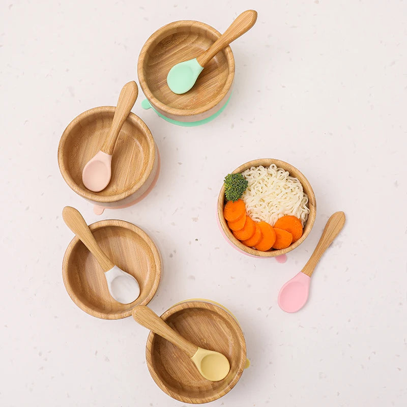 Baby Feeding Bowl Food Tableware Kids Wooden Training Plate Silicone Suction Cup Removable Wooden Fork Spoon Children's Dishes
