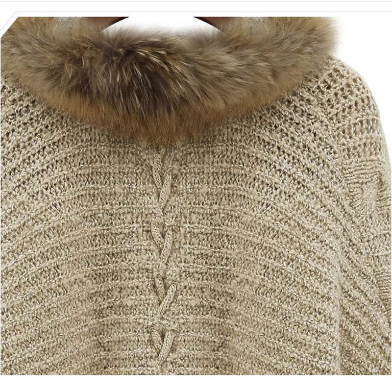 Women Cardigan Sweater Thick Poncho Capes Autumn Winter Femme knitted Bat Sleeve Fur Collar Wool Sweater Knitted Long Cardigan - AIAZ