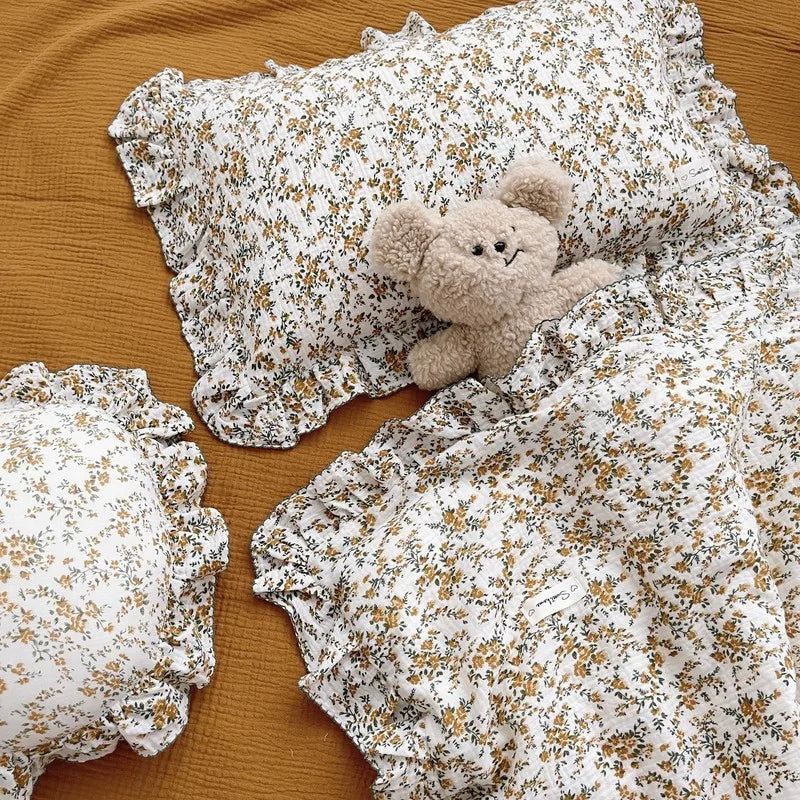 Korean Vintage Floral Printed Ruffled Cotton Baby Duvet Cover Kids Children Infant Cot Crib Duvet Covers Quilt Cover Bedding