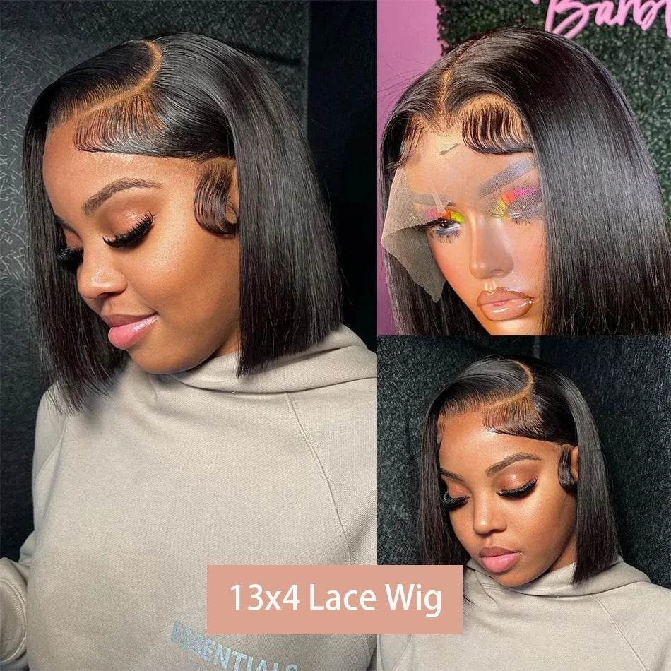 13x4 Bone Straight Bob Wig Lace Front Human Hair Wigs 4x4 Short Bob Wig Lace Frontal Wig 100% Human Hair 200% Density 12 14 Inch - AIAZ