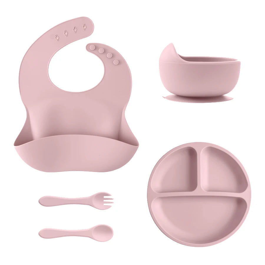 5Pcs Baby Silicone Feeding Set Round Dining Plate Sucker Bowl Dishes For Kids Waterproof Bib Children's Tableware Straw Cup