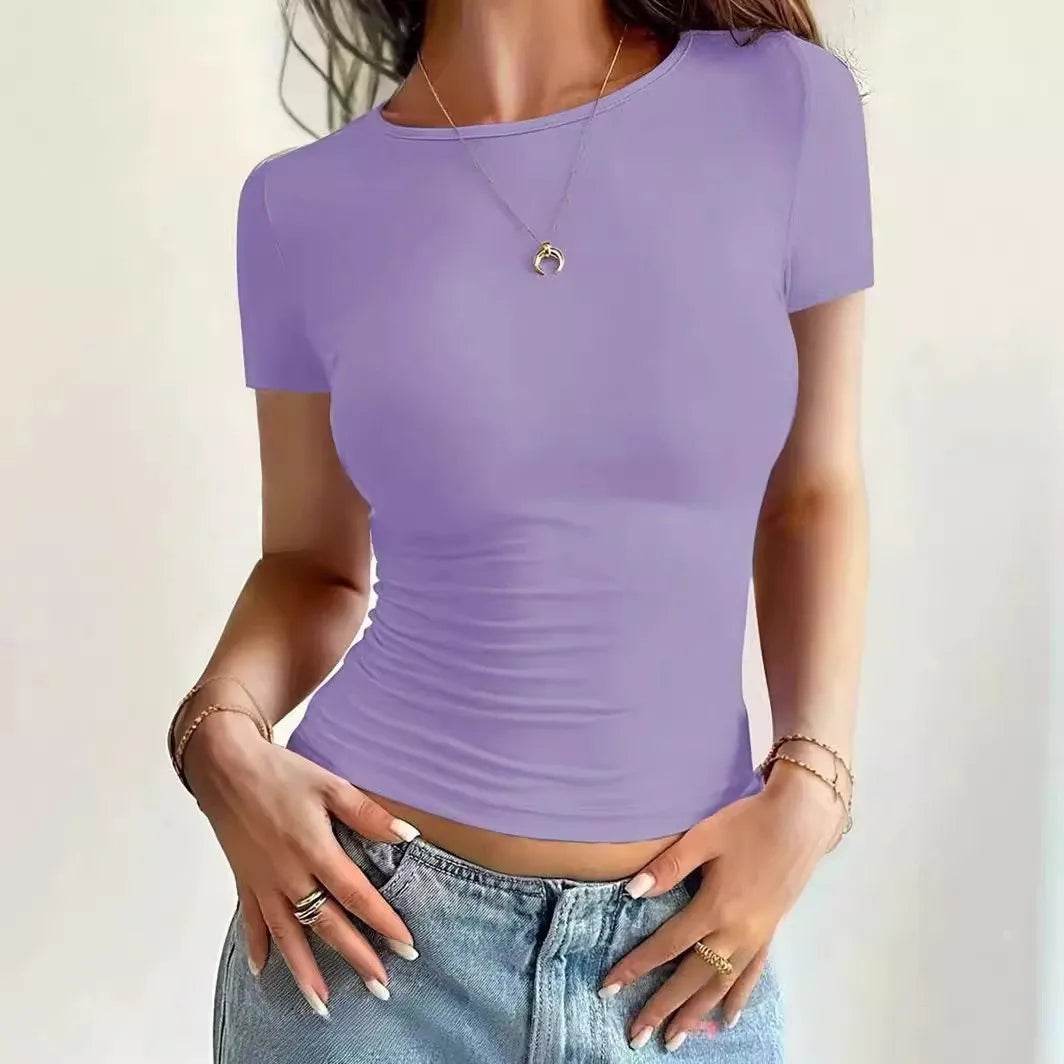 Summer Women's Tops Causal Basic T-Shirts Scoop Neck Short Sleeved Crop Tops Cute Slim Fit Tees Pullovers Clothing Y2K 2025 New - AIAZ