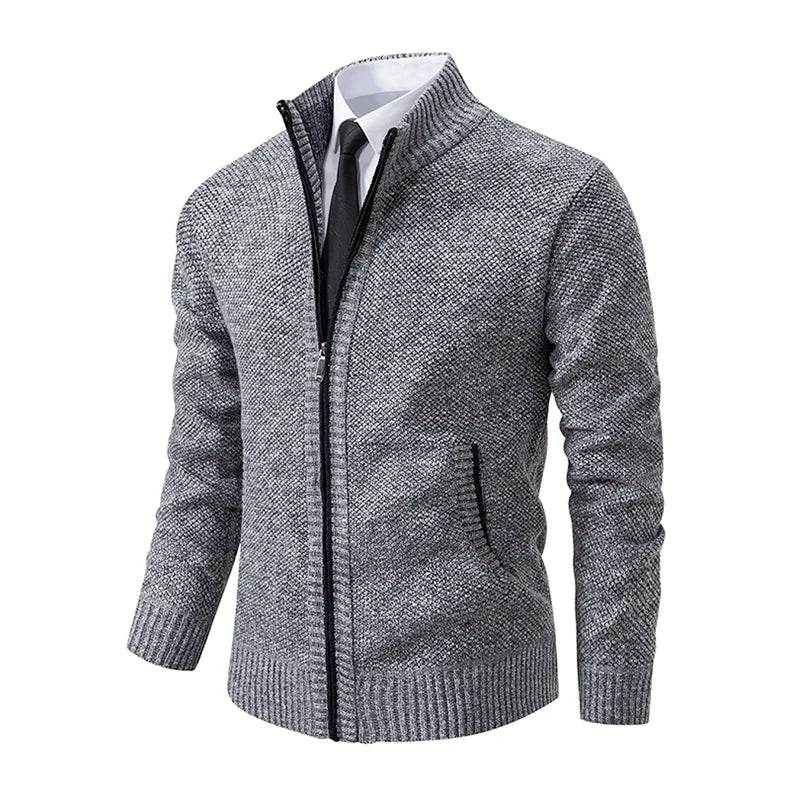 Autumn And Winter New Jersey Men's Casual Sports Coat Solid Color Stand Collar Wweater Grab Fleece Warm Zipper Cardigan - AIAZ