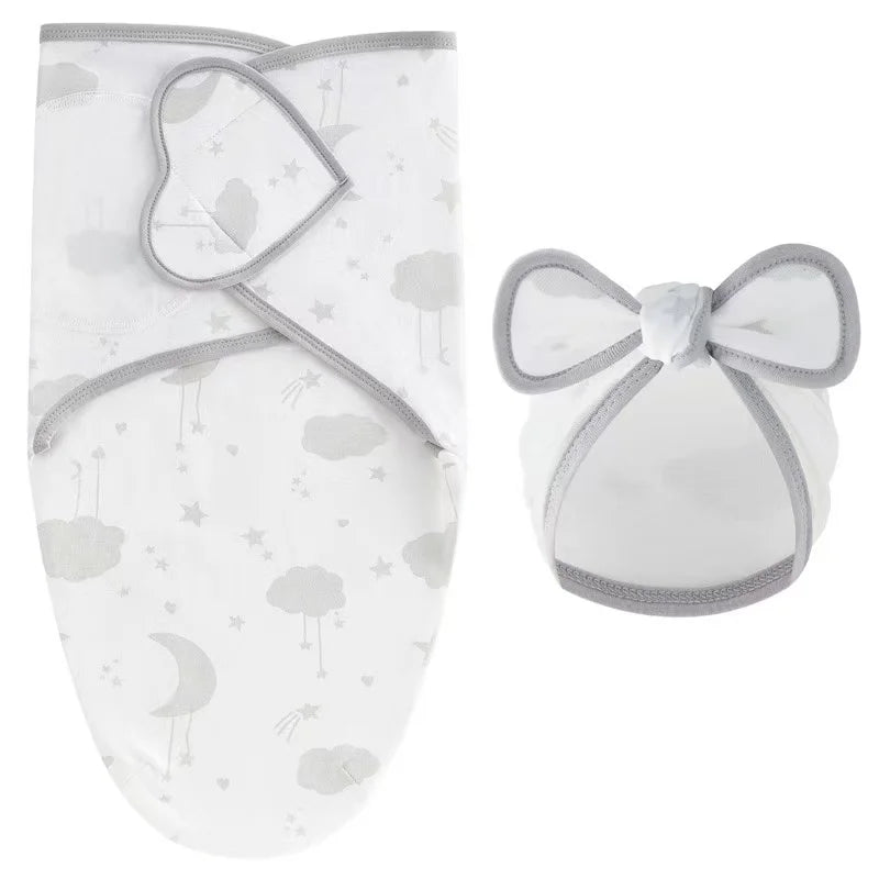 Baby Blanket Hat Set Cartoon Printed Cotton Newborn Swaddle Adjustable Infant Sleeping Swaddle Wraps All Seasons 0-6 Months