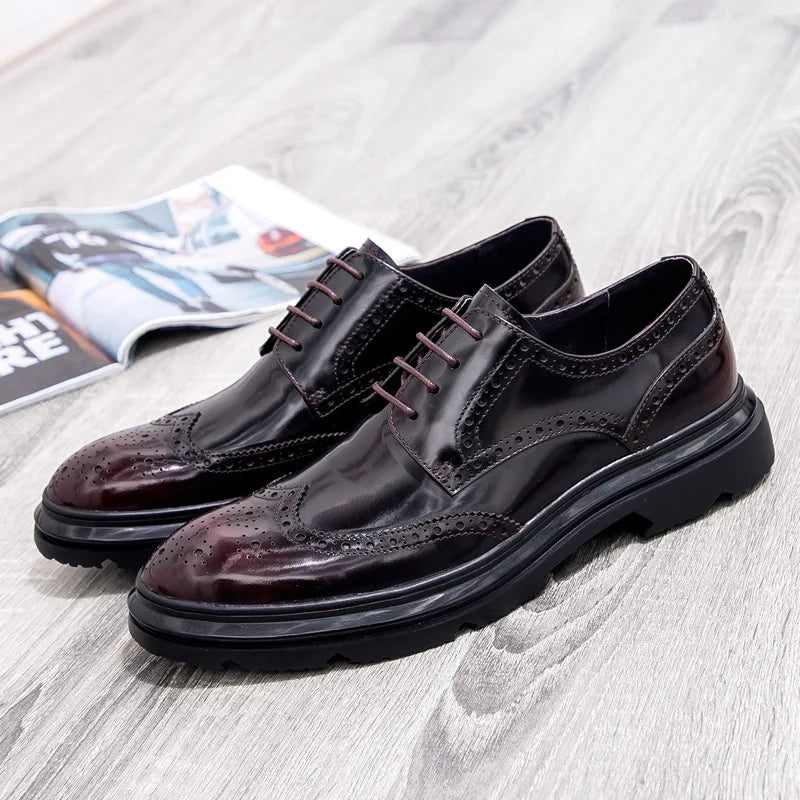 Mens Leather Dress Shoes Brogue Design Business Casual Shoes Spring Fashion Thick Sole Oxfords
