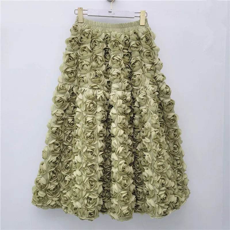 Skirt for Women 2025 Summer Versatile Three Dimensional Flower Mid-calf Skirt High Waist Big Swing Fashion A-line Long Skirts - AIAZ