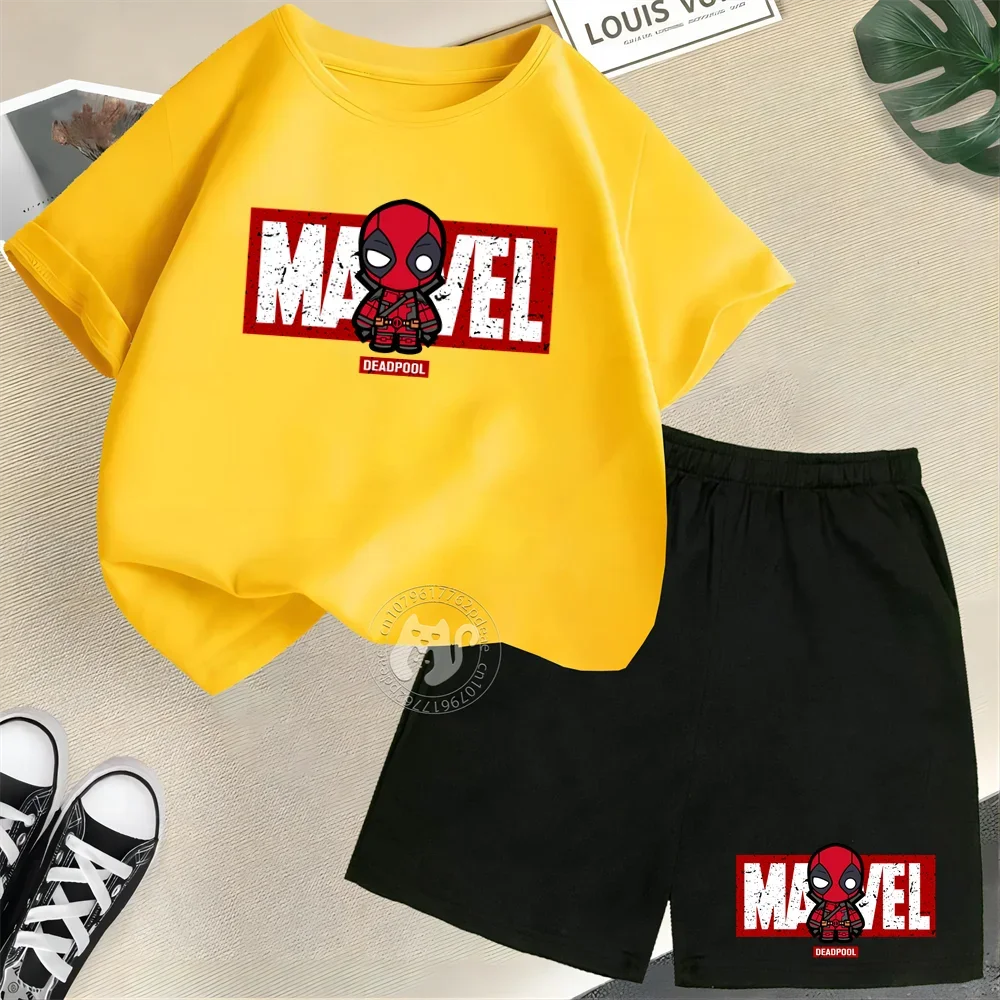 Superhero Summer Kids 100% Cotton T-shirt Street Mini Deadpool Print Short Sleeve T-shirt + Shorts Boys & Girls casual suit