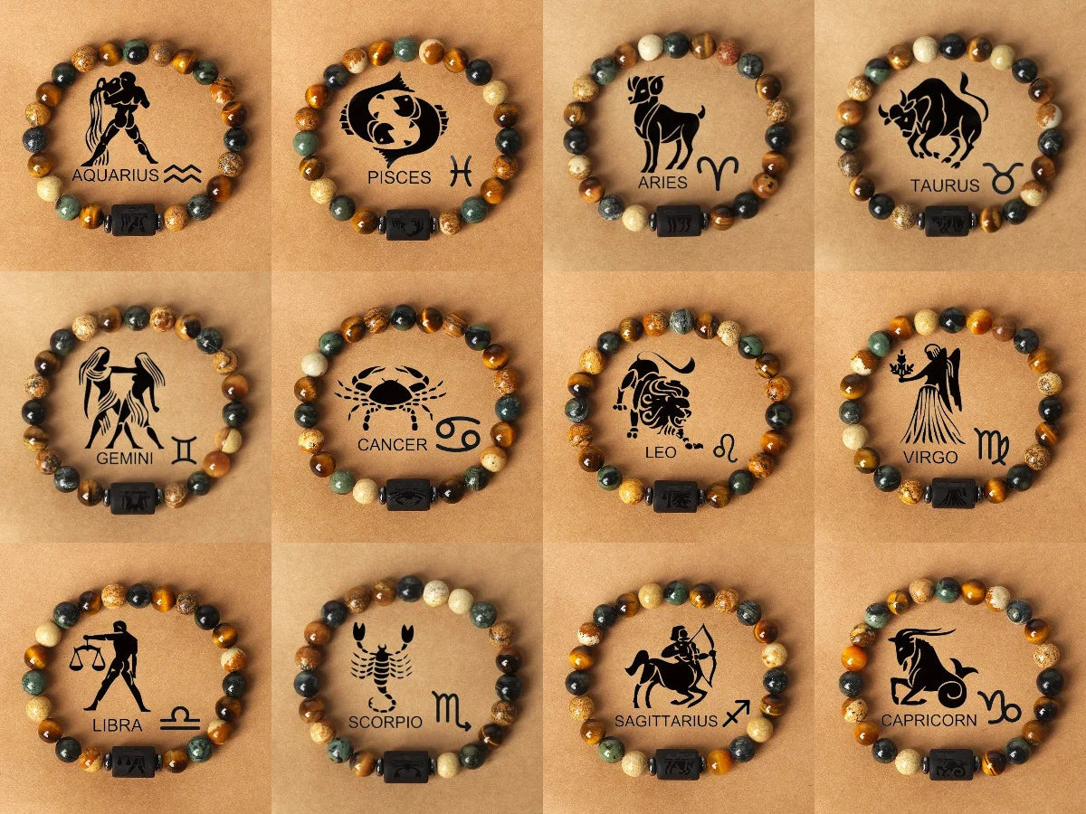 12 Constellation Natural Stone Beads Tiger Eye Stone Bracelets For Men Women Zodiac Signs Bracelet Aries Taurus Charm Bracelet