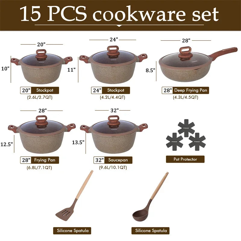 DONNOR 16Pcs/set Pot Set Home Nonstick Beef Steak Frying Pan Stewed Pot with Silicone Spatula and Glass Lid Kitchen Cookware Set