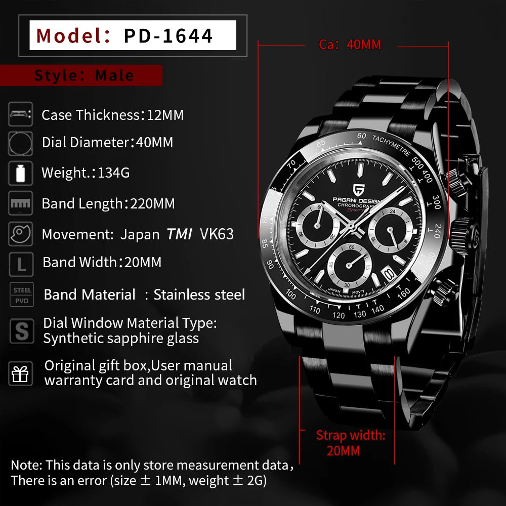 PAGANI DESIGN 2025 New Black Mens Watches Brand Luxury Quartz Watch For Men Chronograph Sports Waterproof Luminous Reloj Hombre