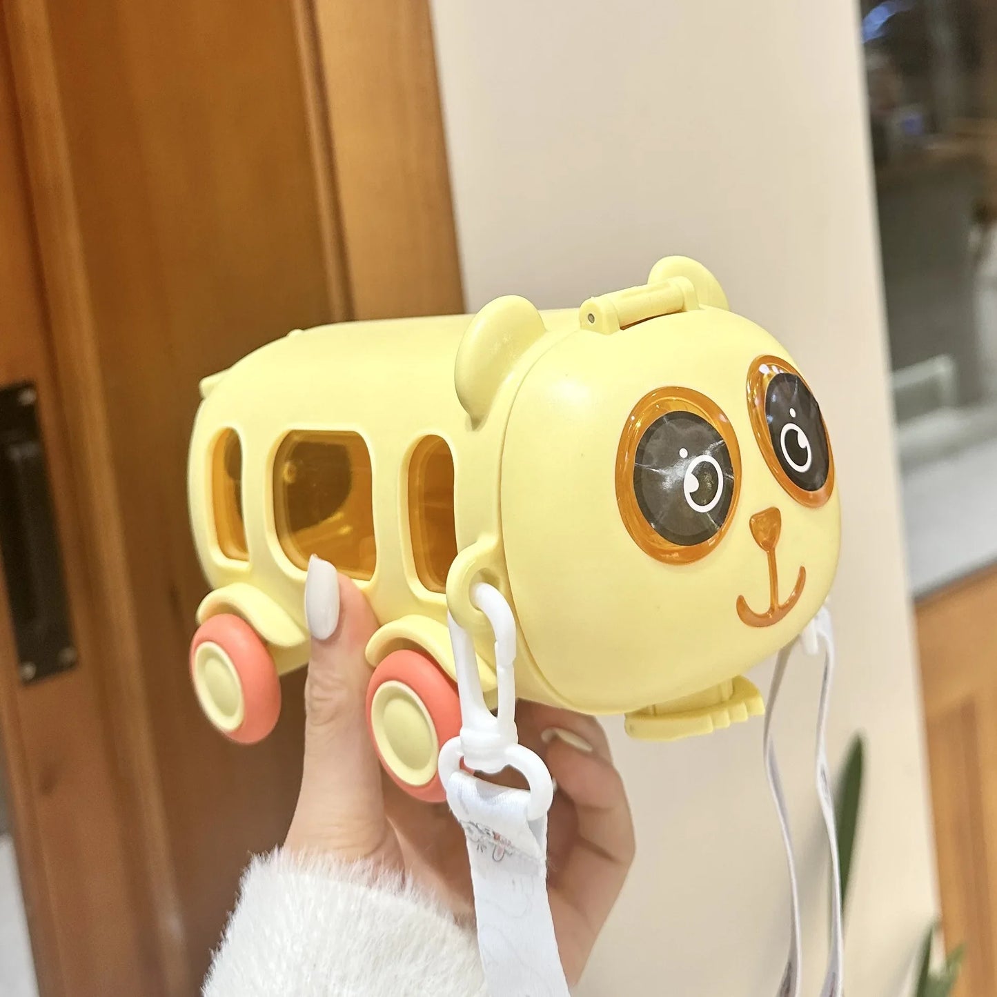Baby Cute Panda Bus Portable Water Bottle with Shoulder Strap Kid Car Straw Water Cup Children's Water Bottle Drinking Cup