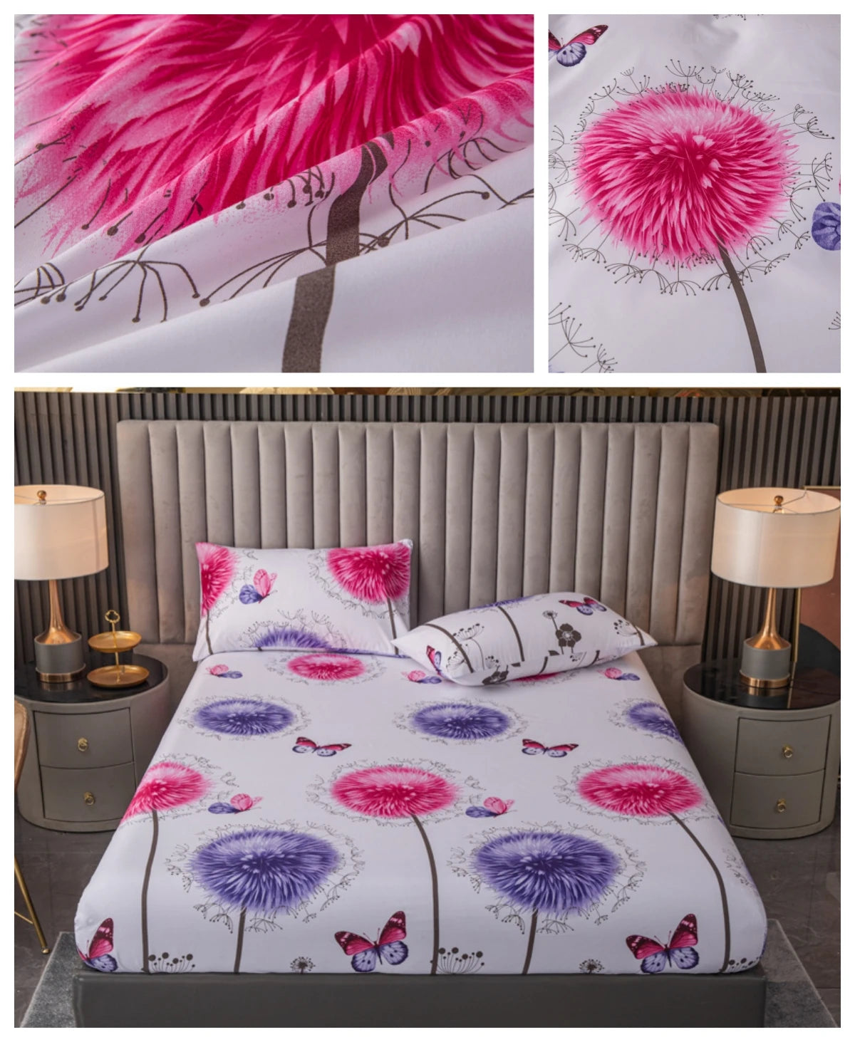 100% Polyester 3pcs Printed Sanding Fitted Sheet and pillowcases Set Elastic Band Around Mattress Cover King Size Bed Cover
