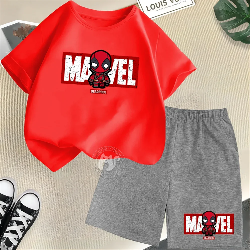 Superhero Summer Kids 100% Cotton T-shirt Street Mini Deadpool Print Short Sleeve T-shirt + Shorts Boys & Girls casual suit