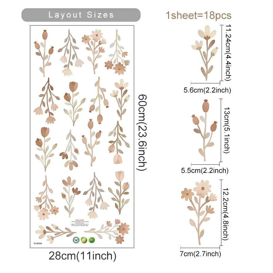 Boho Flowers Wall Stickers Child Watercolor Bedroom Living Room Home Decor Art Eco-frienly Removable Decals PVC Murals