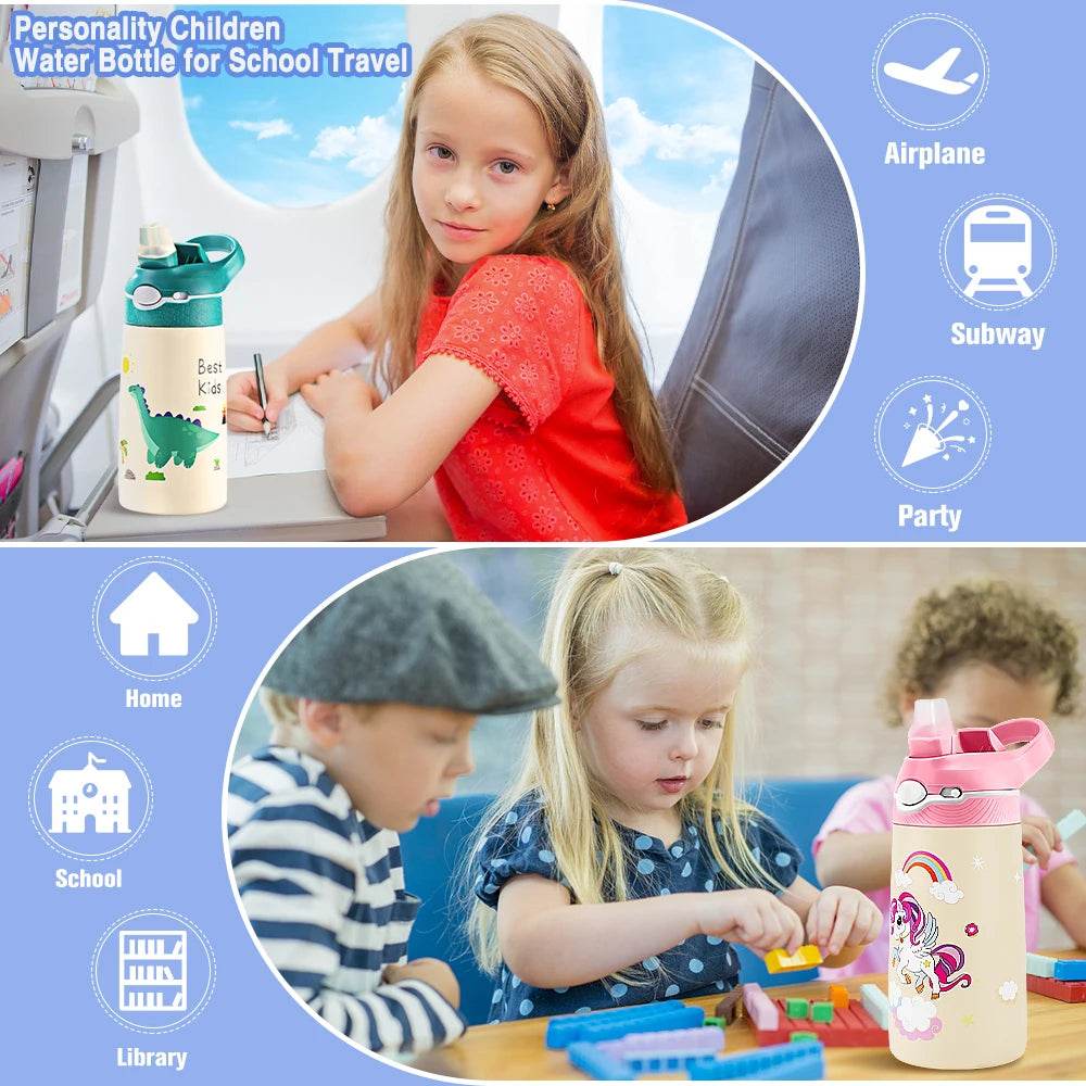 400ML Kids Water Bottle Cartoon Animal Children's Cup With Straw Stainless Steel Vacuum Flacks Thermos Bottle Thermal Mug Cups - AIAZ